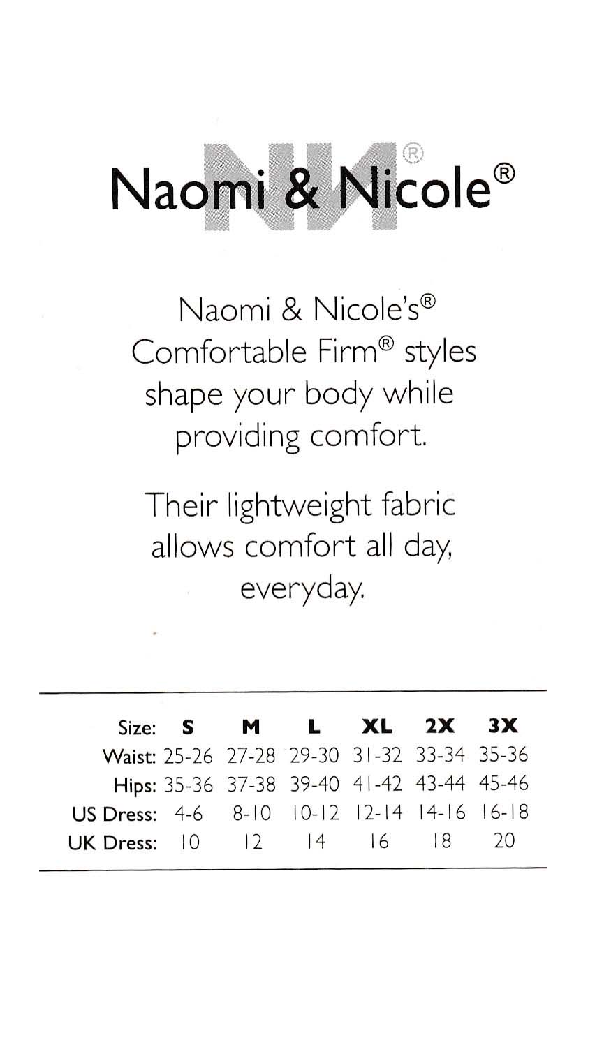 Naomi Nicole Size Chart